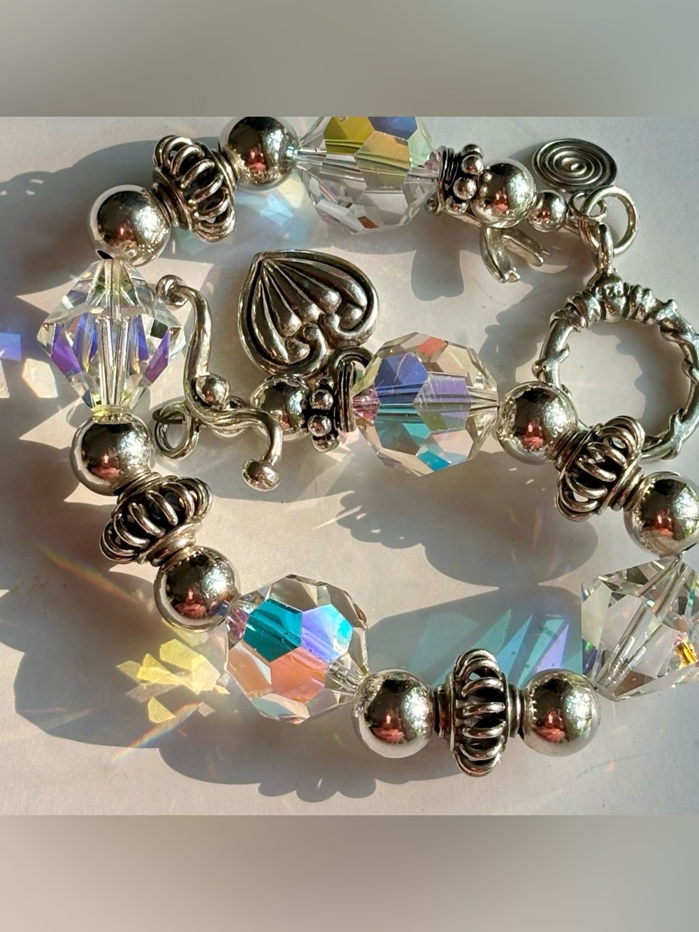 Shube 925 Sterling Silver Faceted Rainbow AB Crystal Courage Ribbon Bracelet 7.5